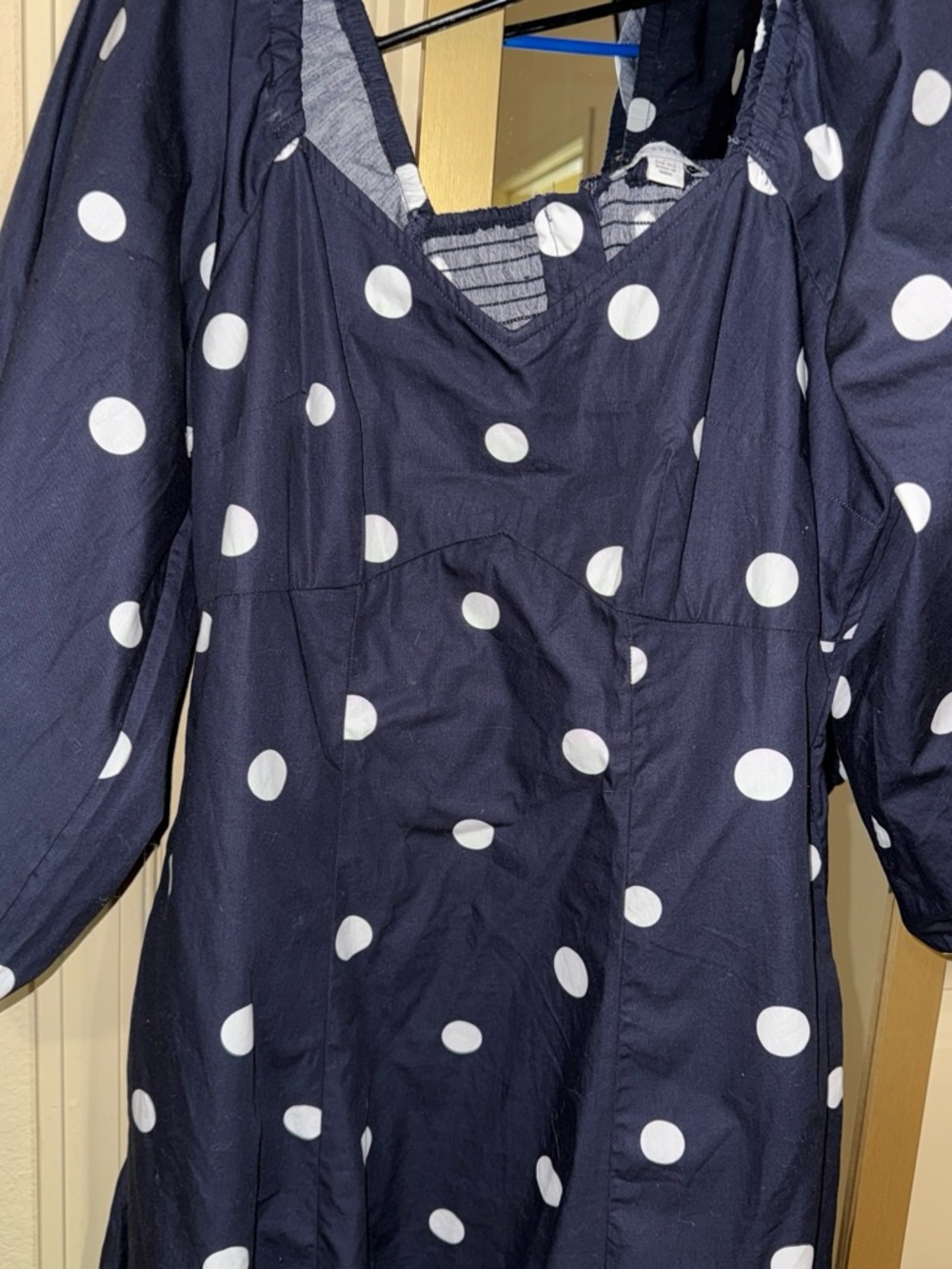Navy Polka Dot Long Sleeve Midi Dress with Puff Sleeves